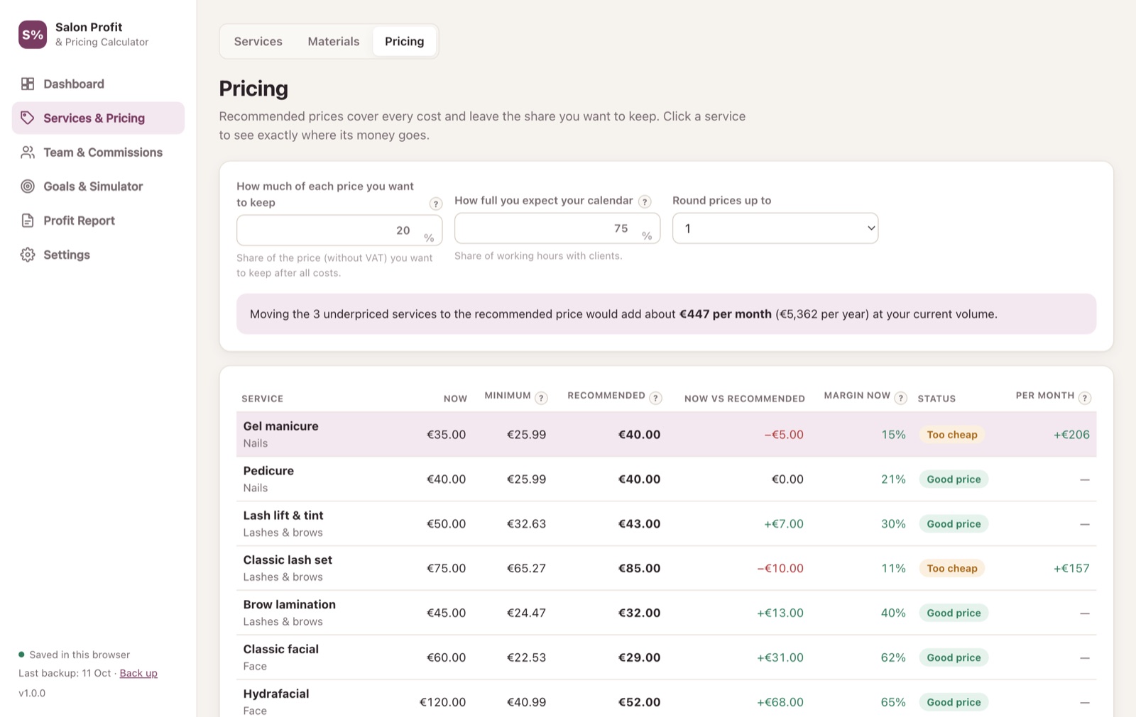 Pricing page with recommended prices for each service