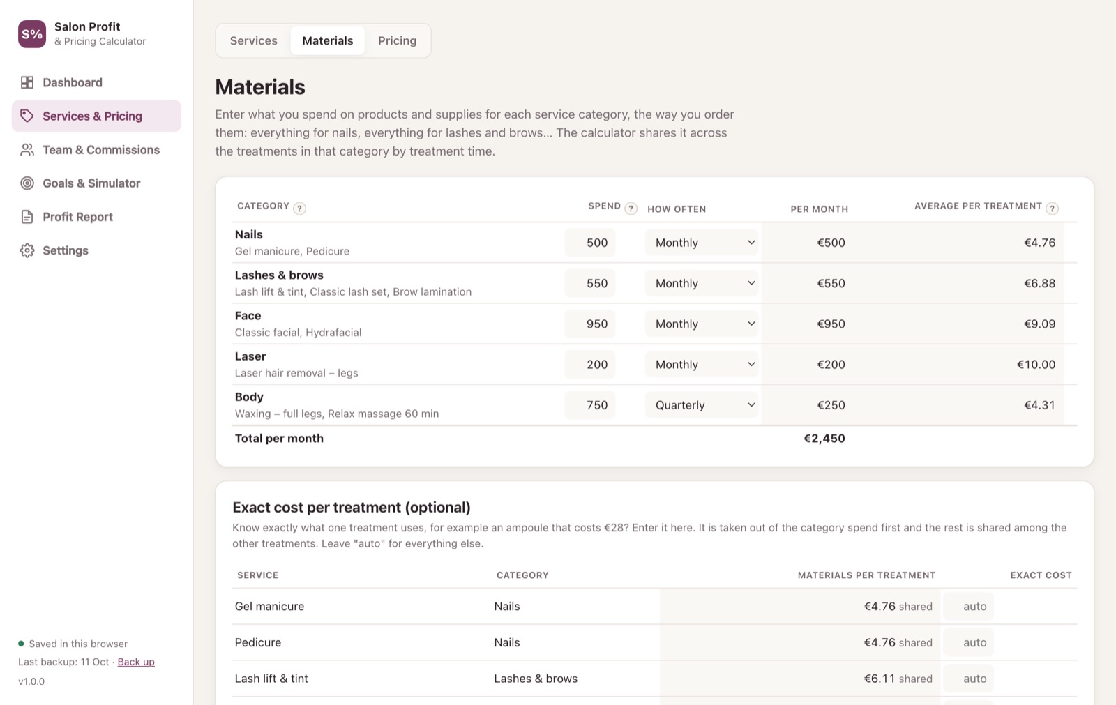 Materials page with monthly spend per service category